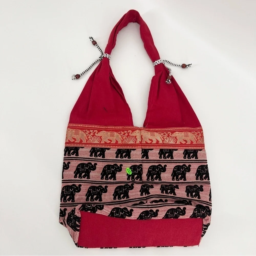 Artisan Ethnic Elephant Print Canvas Boho Shoulder Bag in Red - Picture 3 of 8